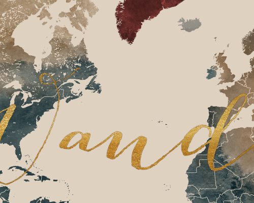 Artistic world map featuring decorative text in gold and earthy tones.