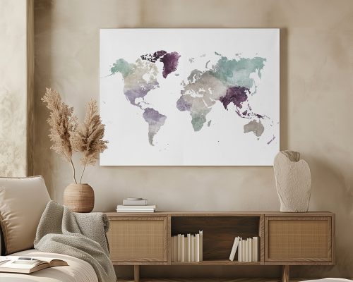 Artistic representation of a world map with soft colors and abstract shapes.