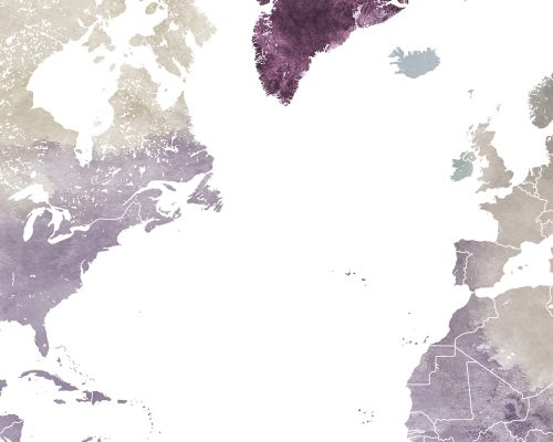 Artistic world map featuring purple and muted colors with a focus on the Atlantic Ocean and surrounding regions.