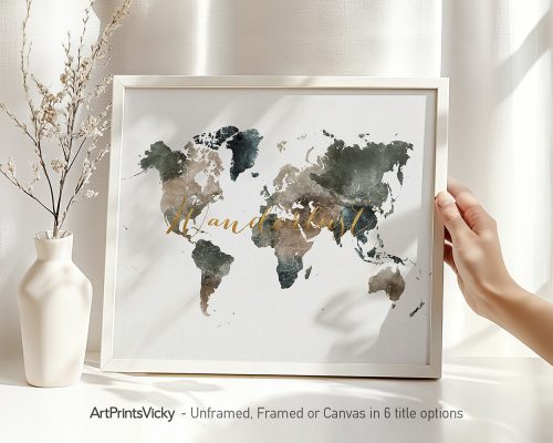 Art print of a world map with muted colors and gold lettering on a white background.