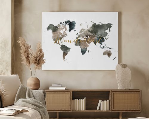 Artistic world map with a watercolor effect in green and brown tones, featuring the word 'wanderlust'.