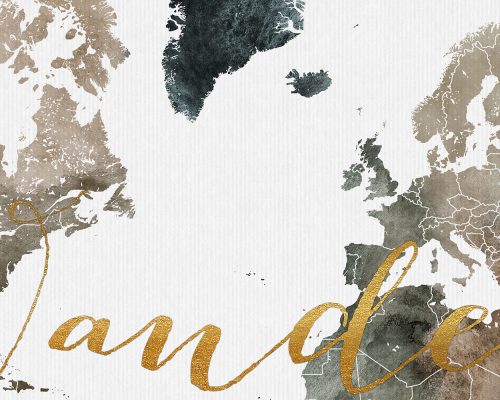 Artistic representation of a world map with watercolor effects and gold lettering.