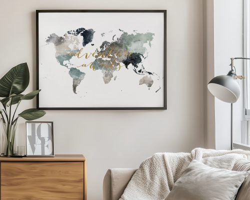 Artistic world map with watercolor effects and the phrase 'adventure awaits' in gold lettering.