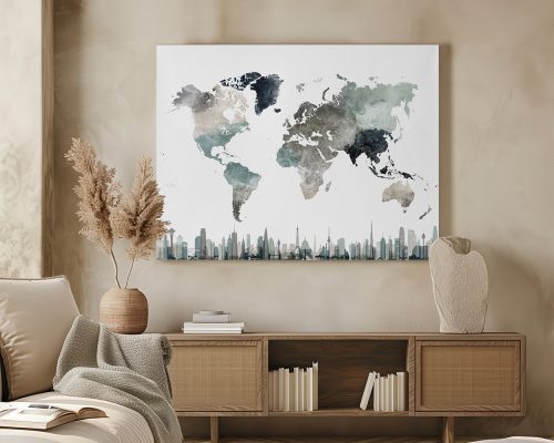 Artistic representation of a world map with muted colors and city skyline at the bottom.