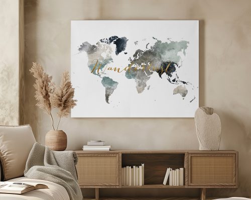 Artistic world map with watercolor effects and the text 'Wanderlust' in gold lettering.