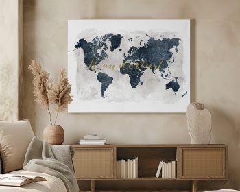 World map with blue watercolor design and gold lettering on a white background.