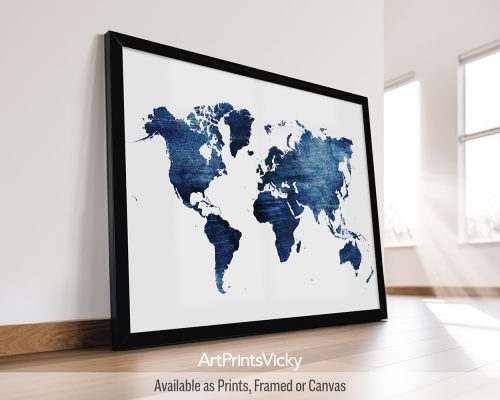 Distressed dark blue world map poster by ArtPrintsVicky
