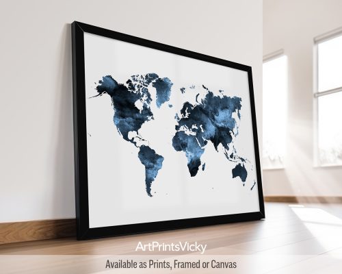 World map poster in rich blue watercolors by ArtPrintsVicky.