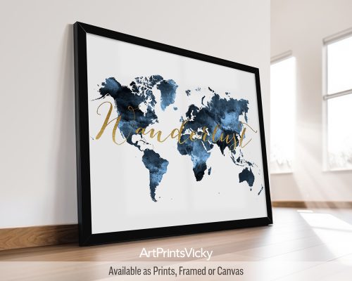 World map poster in rich blue watercolors featuring "Wanderlust" in faux gold handwritten font by ArtPrintsVicky.