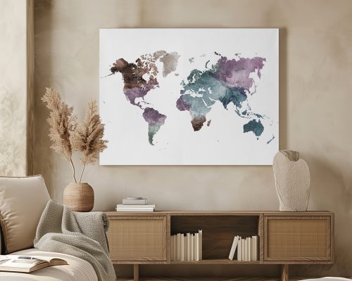 World map illustration featuring brown and blue watercolor tones on a white background.