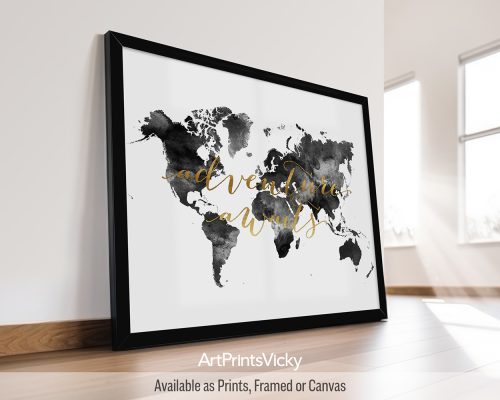 Black and white watercolor world map poster by ArtPrintsVicky