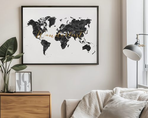 Black and white world map art print with gold text on a light background.