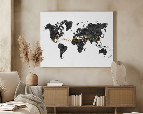 Black and white world map featuring gold text on a white background.