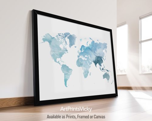 World map poster in soft cyan-blue watercolors by ArtPrintsVicky