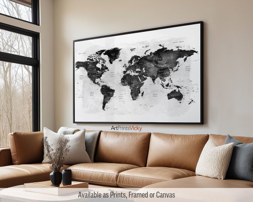 World Map Large Poster in Black and White by ArtPrintsVicky