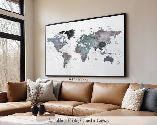 World Map Art Print Labeled in Cool Watercolors by ArtPrintsVicky