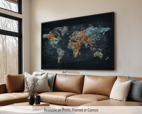 World Map Poster in Deep Blue Background by ArtPrintsVicky