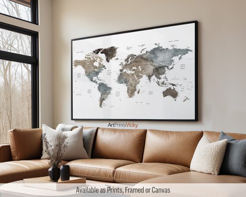 World Map Wall Print in Earthy Watercolors by ArtPrintsVicky