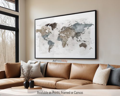 Large labeled world map poster in warm tone watercolors by ArtPrintsVicky