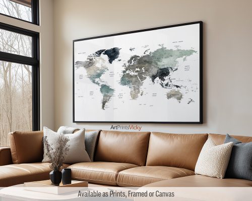 Large detailed World Map poster in cool Earth Tones 4, featuring labeled countries, major cities, and geographical features, by ArtPrintsVicky.