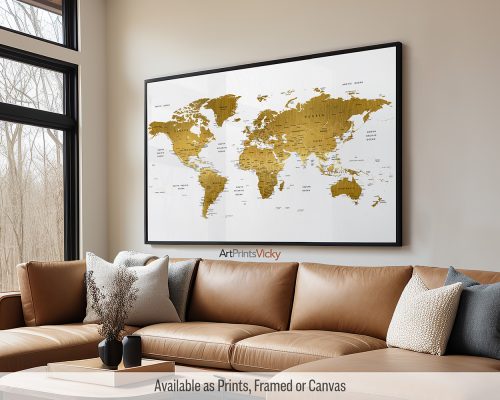 Large detailed world map poster in luxurious Faux Gold tones, featuring labeled countries, major cities, and geographical features, by ArtPrintsVicky.