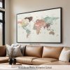 Large detailed world map poster in a warm Pastel Cream palette, featuring labeled countries, major cities, and geographical features, by ArtPrintsVicky.