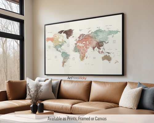 Large detailed world map poster in a warm Pastel Cream palette, featuring labeled countries, major cities, and geographical features, by ArtPrintsVicky.