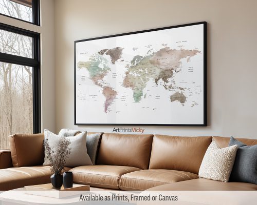 World Map Poster Large in Smooth Watercolors by ArtPrintsVicky