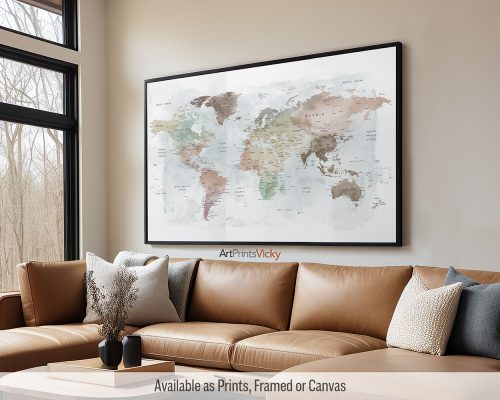 Large labeled world map poster in soft watercolor tones with a light grey background by ArtPrintsVicky