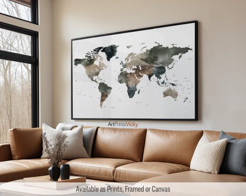 World map in a rich and expressive Watercolor 2 style with clearly labeled country names, by ArtPrintsVicky.