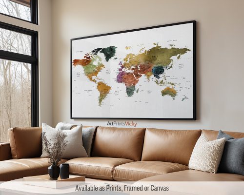 World Map Large Poster in Vibrant Watercolors by ArtPrintsVicky