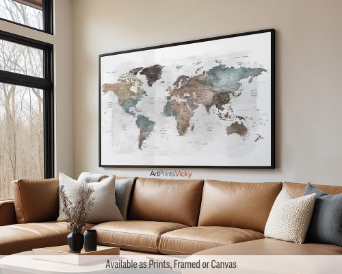 Large labeled world map wall art in warm tone watercolors by ArtPrintsVicky