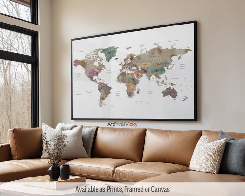 Large labeled world map poster with earthy watercolors on a textured off-white background by ArtPrintsVicky
