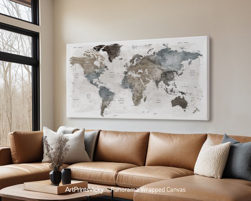 Panorama canvas print of a world map featuring muted colors and geographical details.