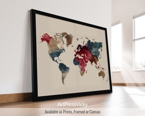 Warm Earth Tones 2 watercolor world map poster by ArtPrintsVicky