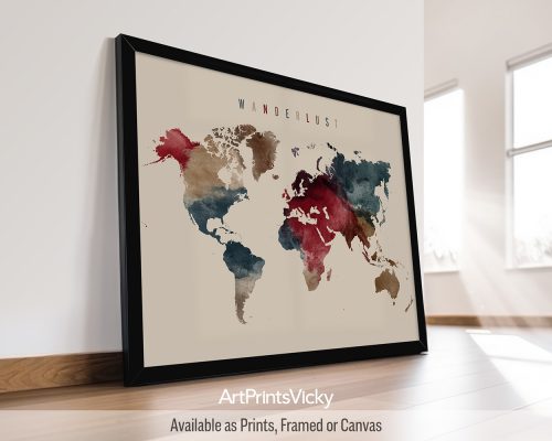 World map poster in Earth Tones 2 watercolors by ArtPrintsVicky