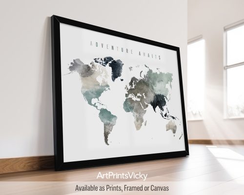 Cool Earth Tones 4 watercolor world map poster by ArtPrintsVicky