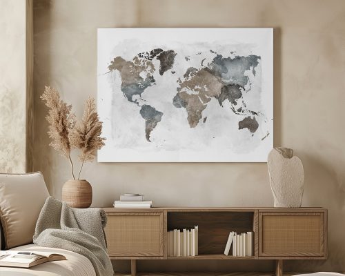 Artistic world map featuring muted earth tones on a light background.