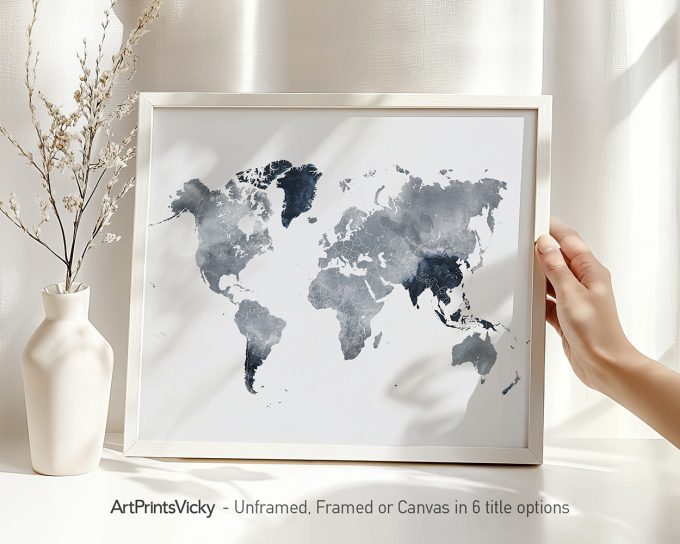 World map illustration featuring various shades of blue and gray in a minimalist design.
