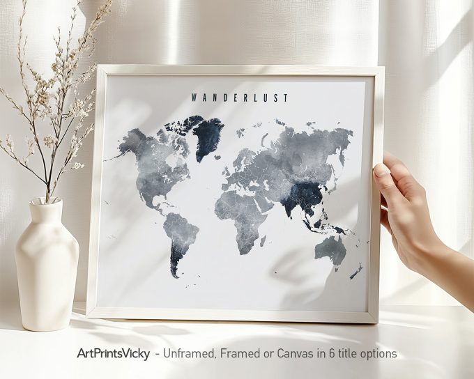Artistic representation of a world map in shades of blue and gray with the word 'Wanderlust' at the top.