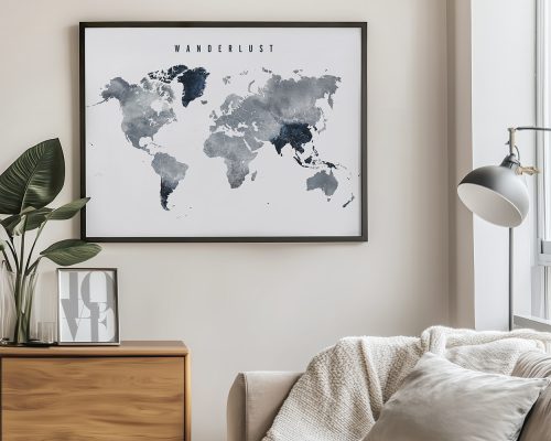 World map artwork in shades of blue and gray with the word 'Wanderlust' at the top.