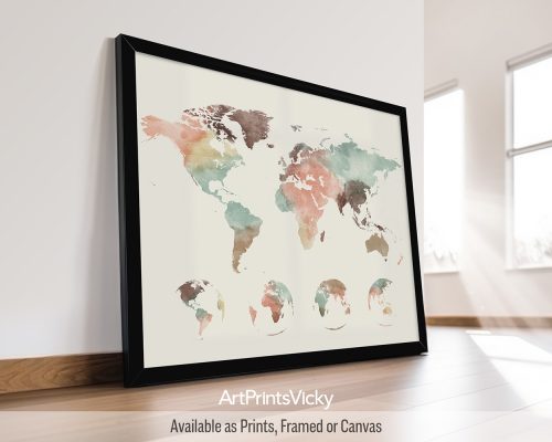 World map poster with 4 globe phases underneath in warm pastel cream watercolors by ArtPrintsVicky