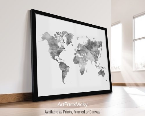 World map poster in soft grey watercolors by ArtPrintsVicky.