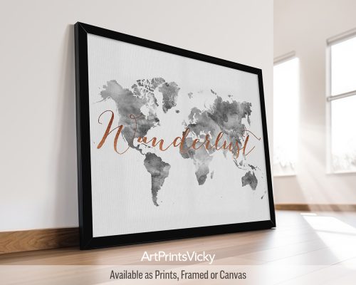 World map poster featuring grey watercolors on an off-white background with "Wanderlust" title in faux copper by ArtPrintsVicky.