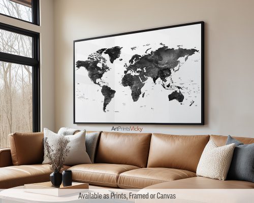 Black and white watercolor world map poster with labeled countries and major cities by ArtPrintsVicky