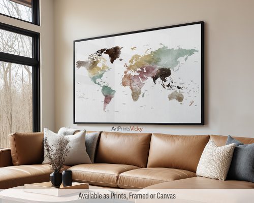 Large world map poster in warm Watercolor 1 theme with countries and major cities labels by ArtPrintsVicky