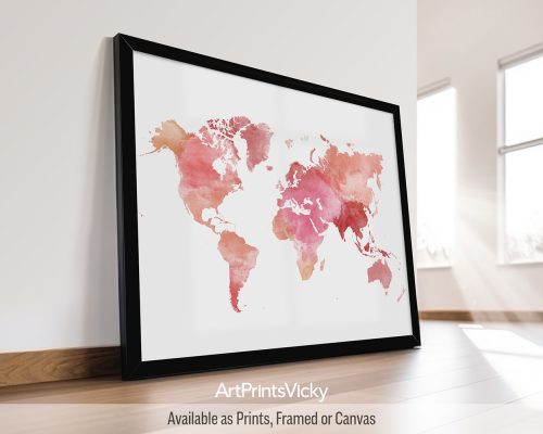 Pink watercolor world map poster by ArtPrintsVicky.