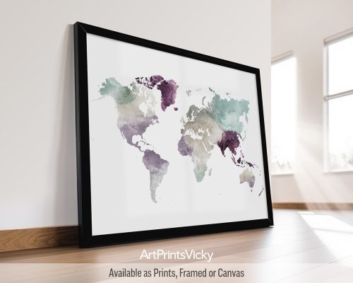 World map poster in Pastel 2 watercolors by ArtPrintsVicky.
