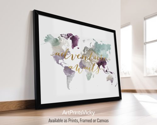 World map poster in soft pastel 2 watercolors by ArtPrintsVicky