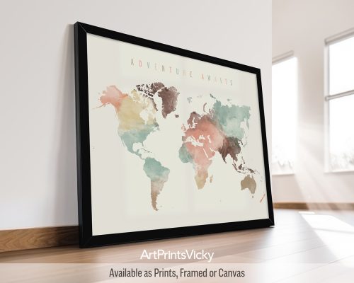 World map poster in a warm pastel cream palette, inspiring travel and exploration by ArtPrintsVicky